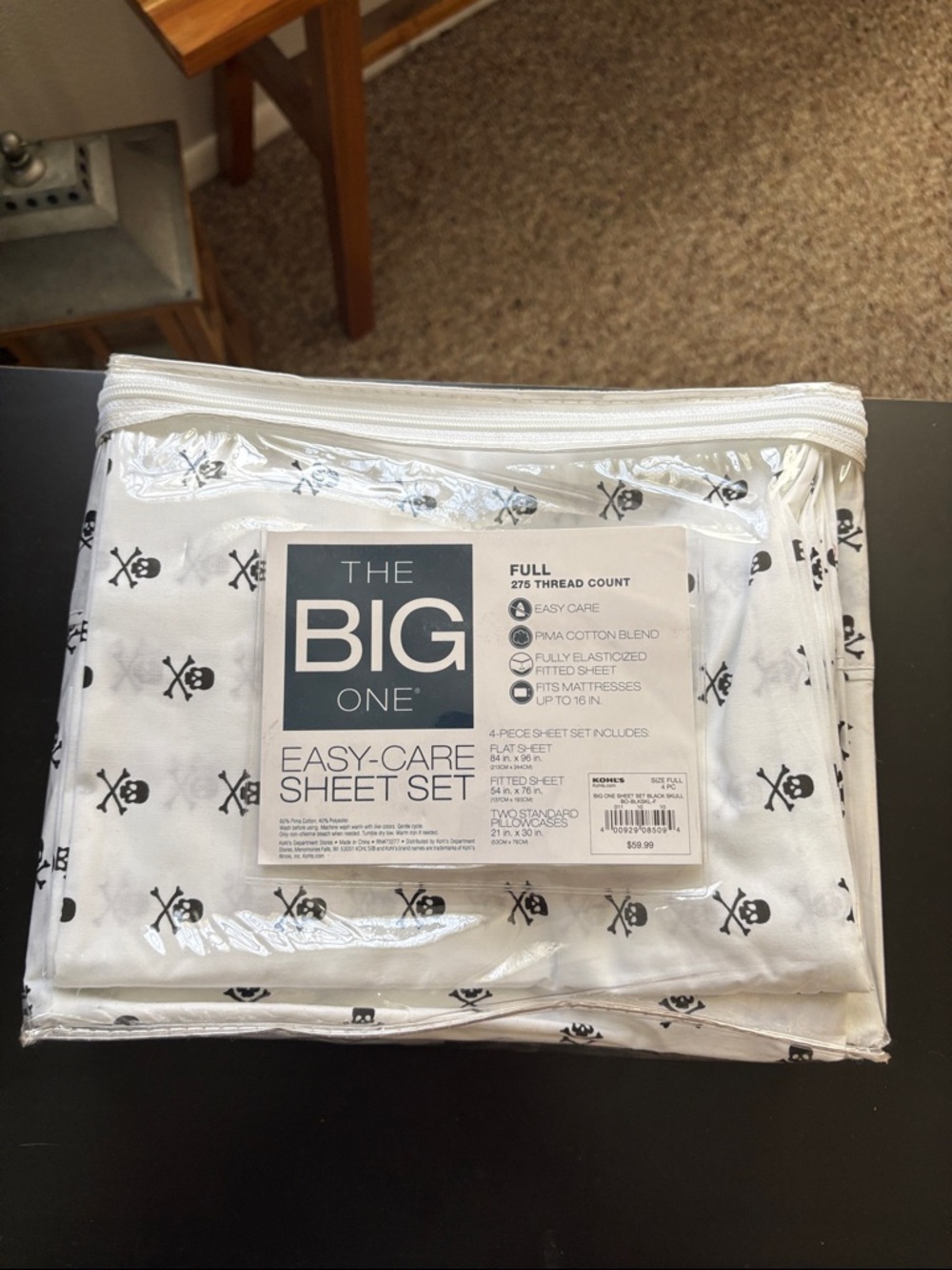 The Big One White Sheets with Black Skull Print